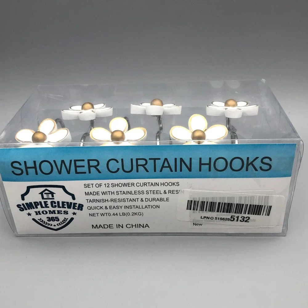 Simple Clever Homes Daisy Flower Shower Curtain Hooks Set of 12 White Gold Resin